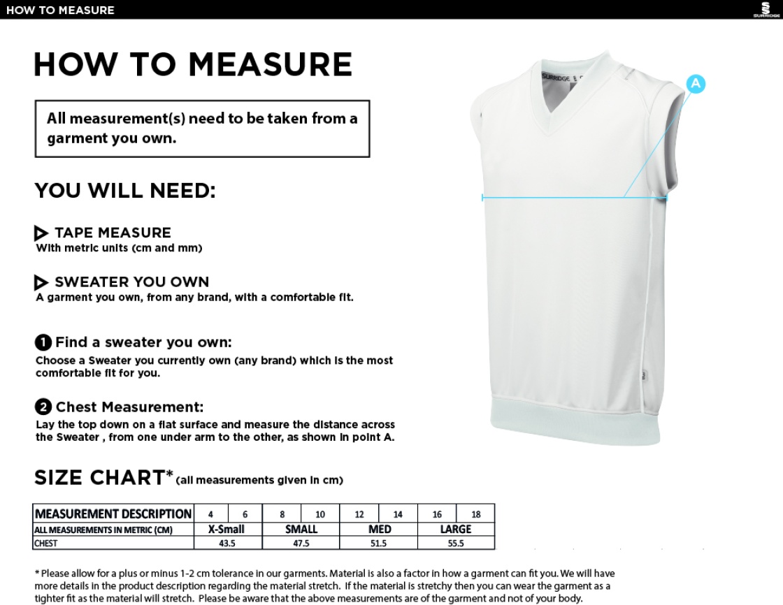 Upminster CC - Blast Sleeveless Cricket Sweater - Women's Fit - Size Guide