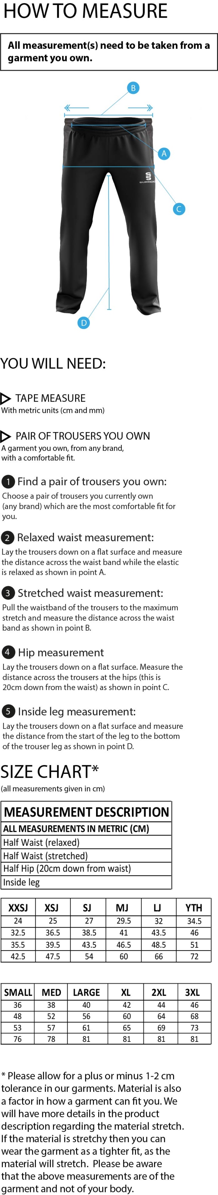 Upminster CC - Dual Poplin Track Pant - Men's/Unisex Fit - Size Guide