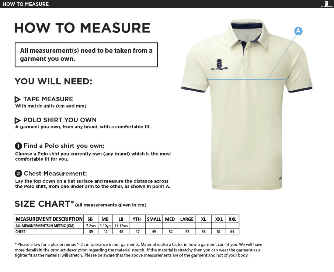 Upminster CC - Dual Cricket Shirt Short Sleeve - Men's/Unisex Fit - Size Guide