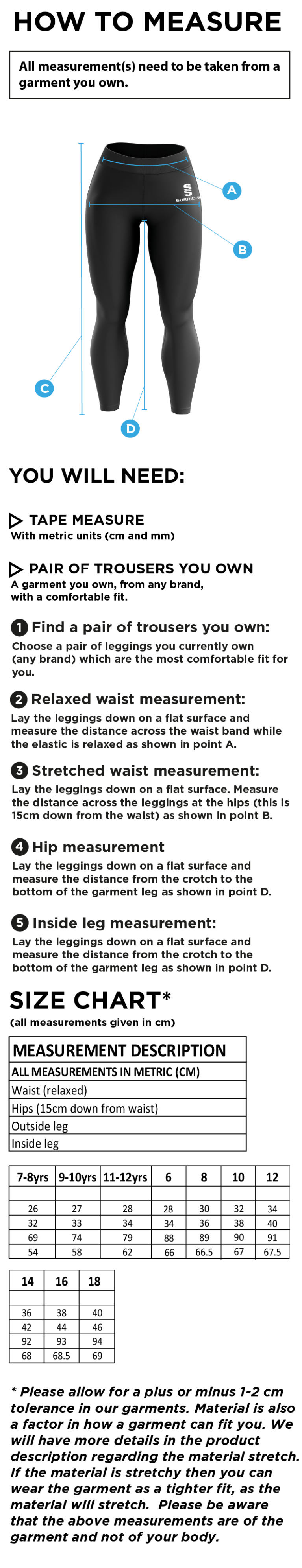 Upminster Cricket Club Dual Leggings - Leisurewear - Size Guide