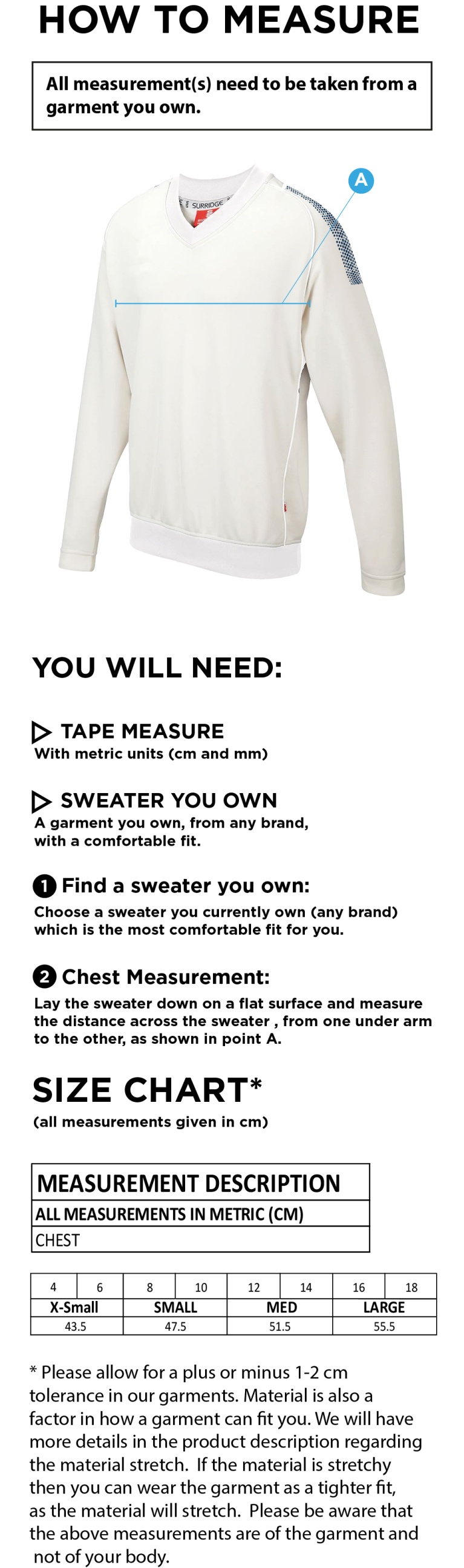 Upminster CC - Blast Long Sleeve Cricket Sweater - Women's Fit - Size Guide