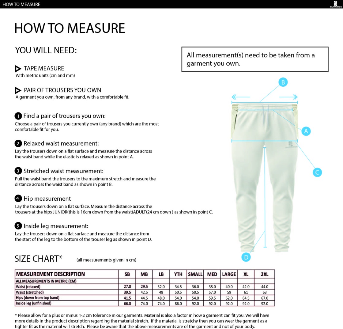 Upminster CC - White Playing Pants - Size Guide