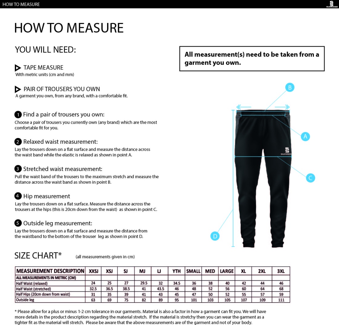 Upminster CC - Dual Tek Pants - Navy - Unisex Fit - Size Guide