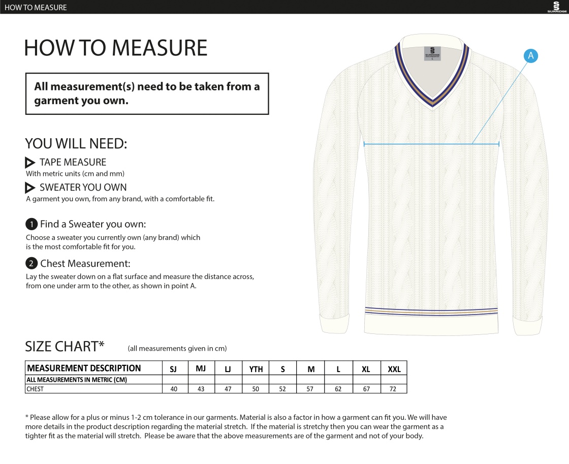 Upminster CC -  Long Sleeved 50/50 Cable Knit Sweater - Unisex Fit - Size Guide