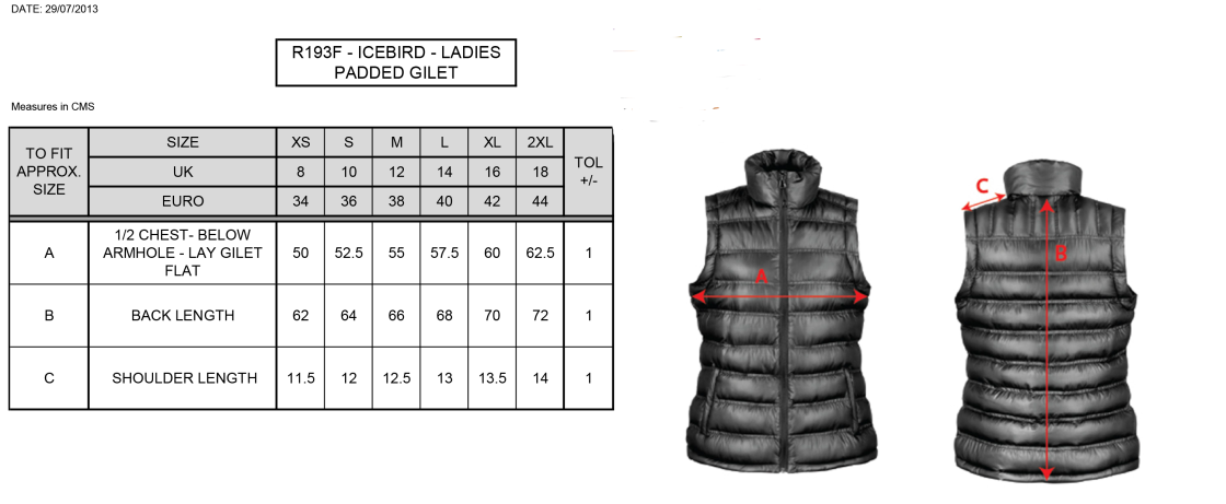 Women's Padded Gilet : Navy - Size Guide