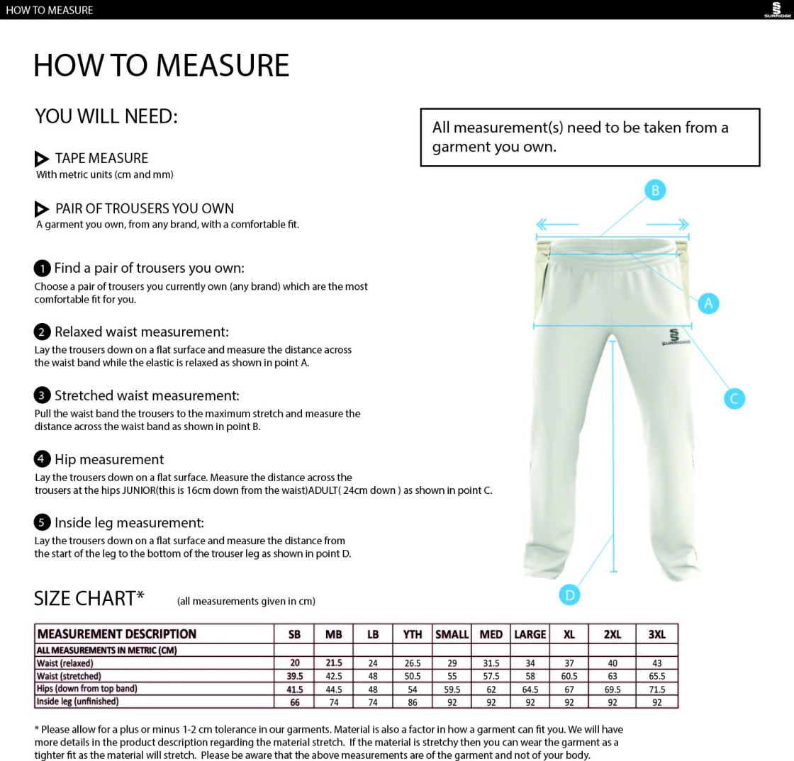 Upminster CC - Standard Playing Pant - Unisex Fit - Size Guide
