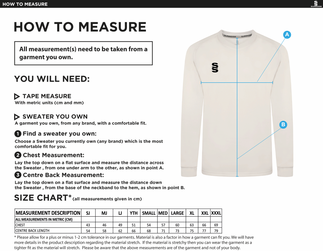 Upminster CC - Blast Long Sleeve Cricket Sweater - Men's/Unisex Fit - Size Guide