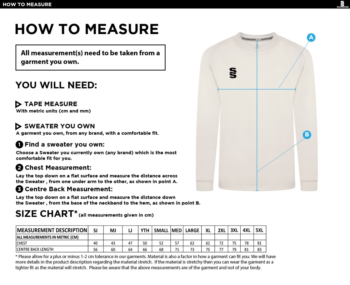 Upminster CC - White Long Sleeved Sweater - Men's Fit - Size Guide
