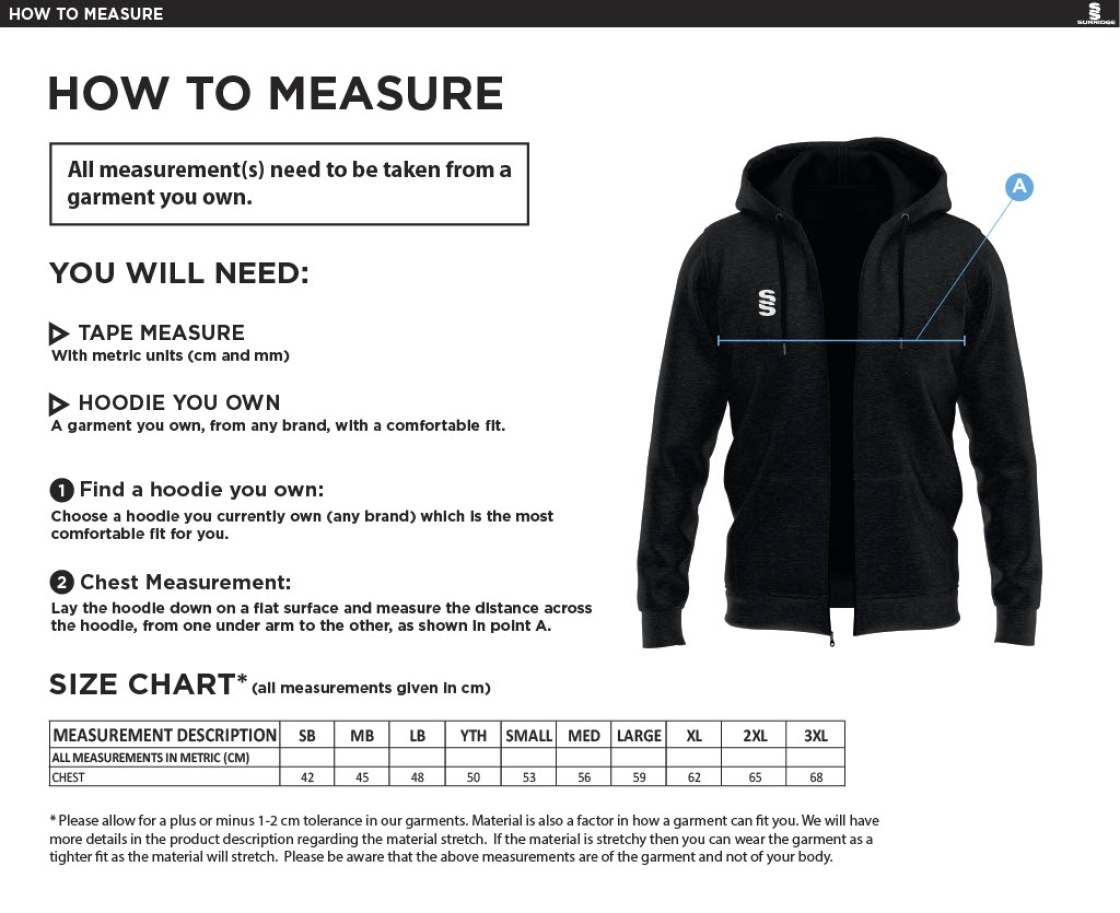 Upminster Cricket Club Navy Dual Full Zip Hoody - Leisurewear - Size Guide