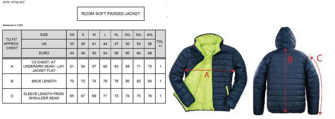 Upminster CC - Supersoft Padded Jacket - Navy - Unisex Fit - Size Guide