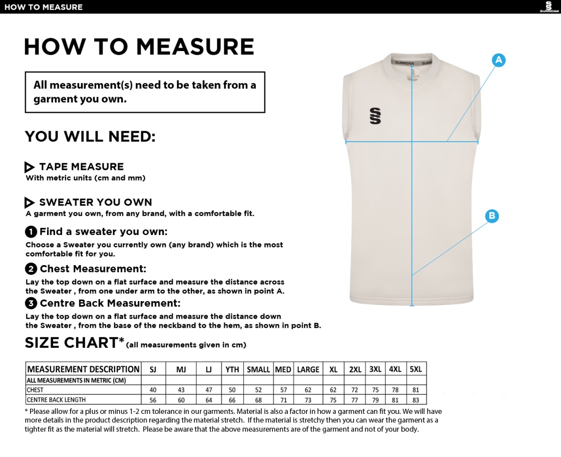 Upminster CC - White Sleeveless Sweater - Men's Fit - Size Guide