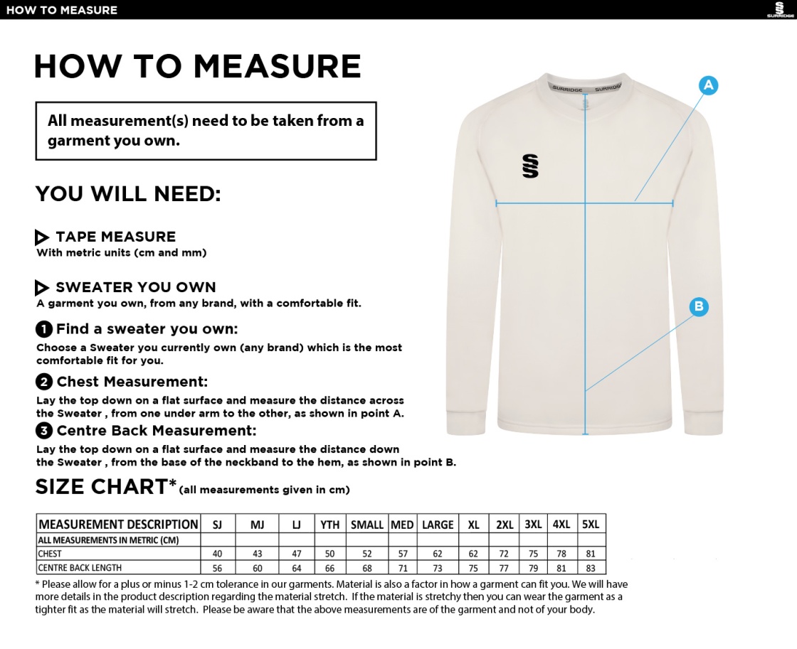 Upminster CC - White Long Sleeved Sweater - Men's Fit - Size Guide
