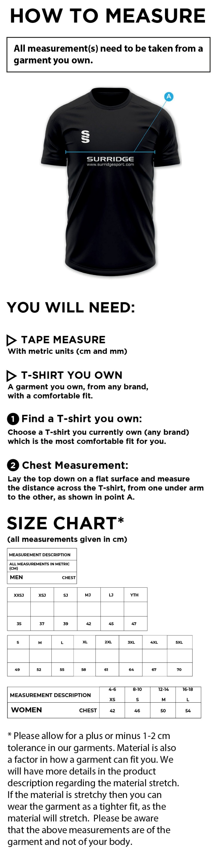 Upminster CC - T20 Short Sleeved Shirt - Brewdog - Men's Fit - Size Guide