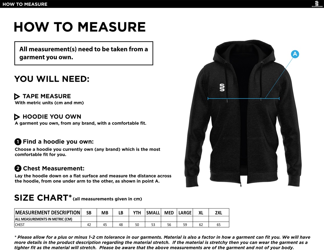 Upminster CC - Dual Full Zip Hoody - Navy - Women's/Unisex Fit - Size Guide
