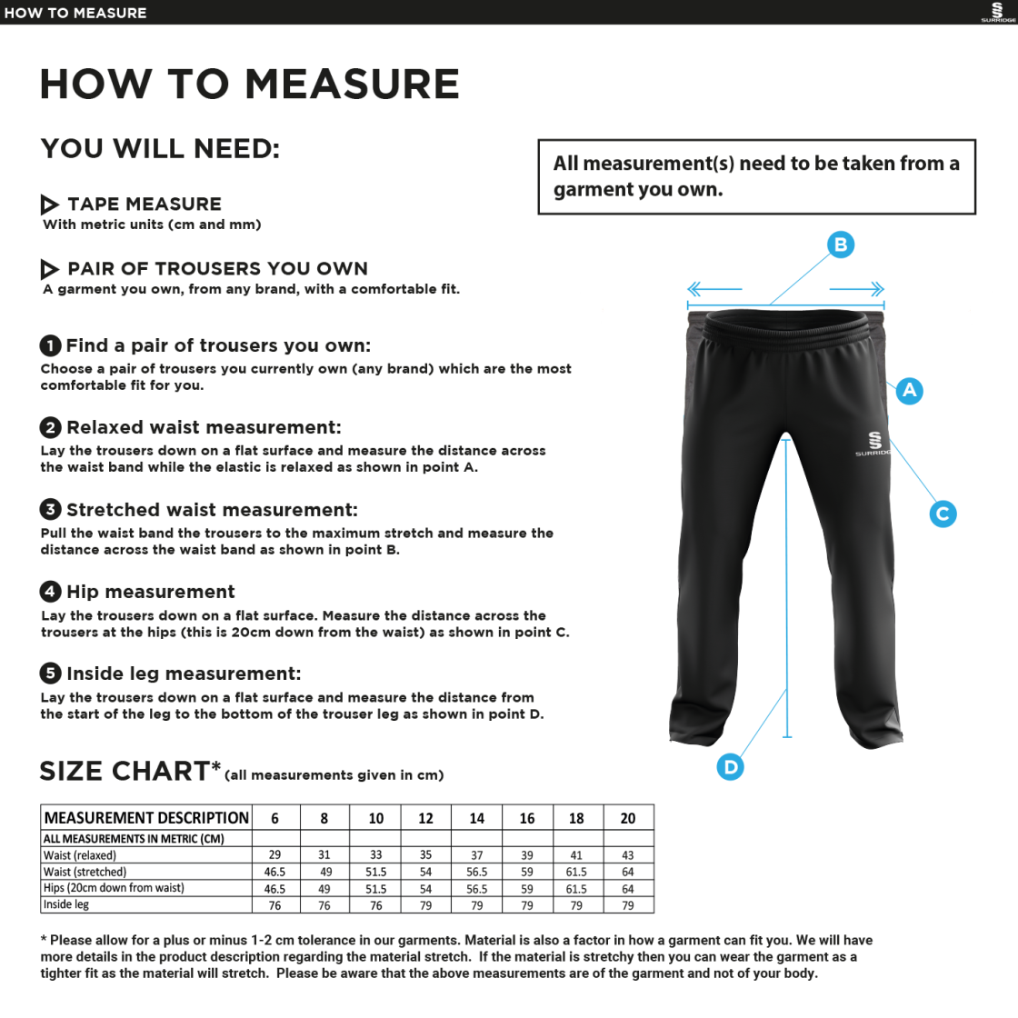 Upminster CC - Dual Poplin Track Pant - Women's Fit - Size Guide