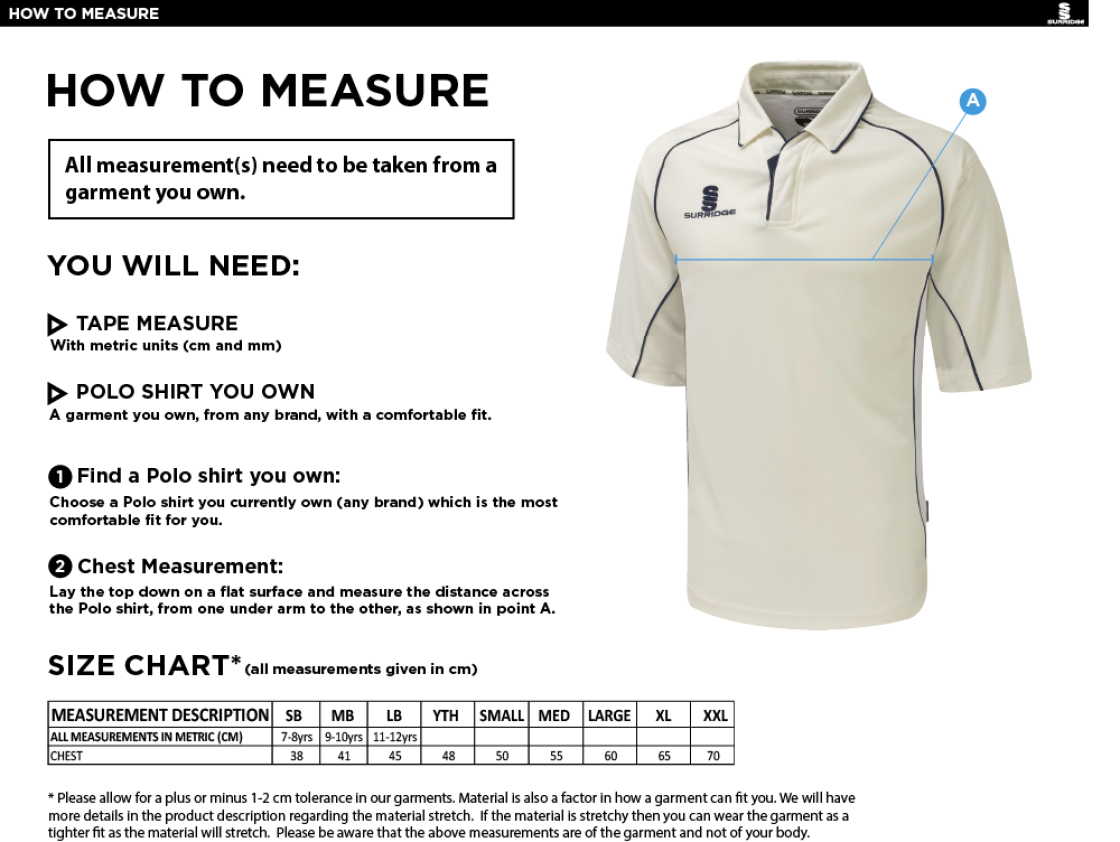 Upminster Cricket Club Dual 3/4 Sleeve Navy Trim Shirt - Size Guide