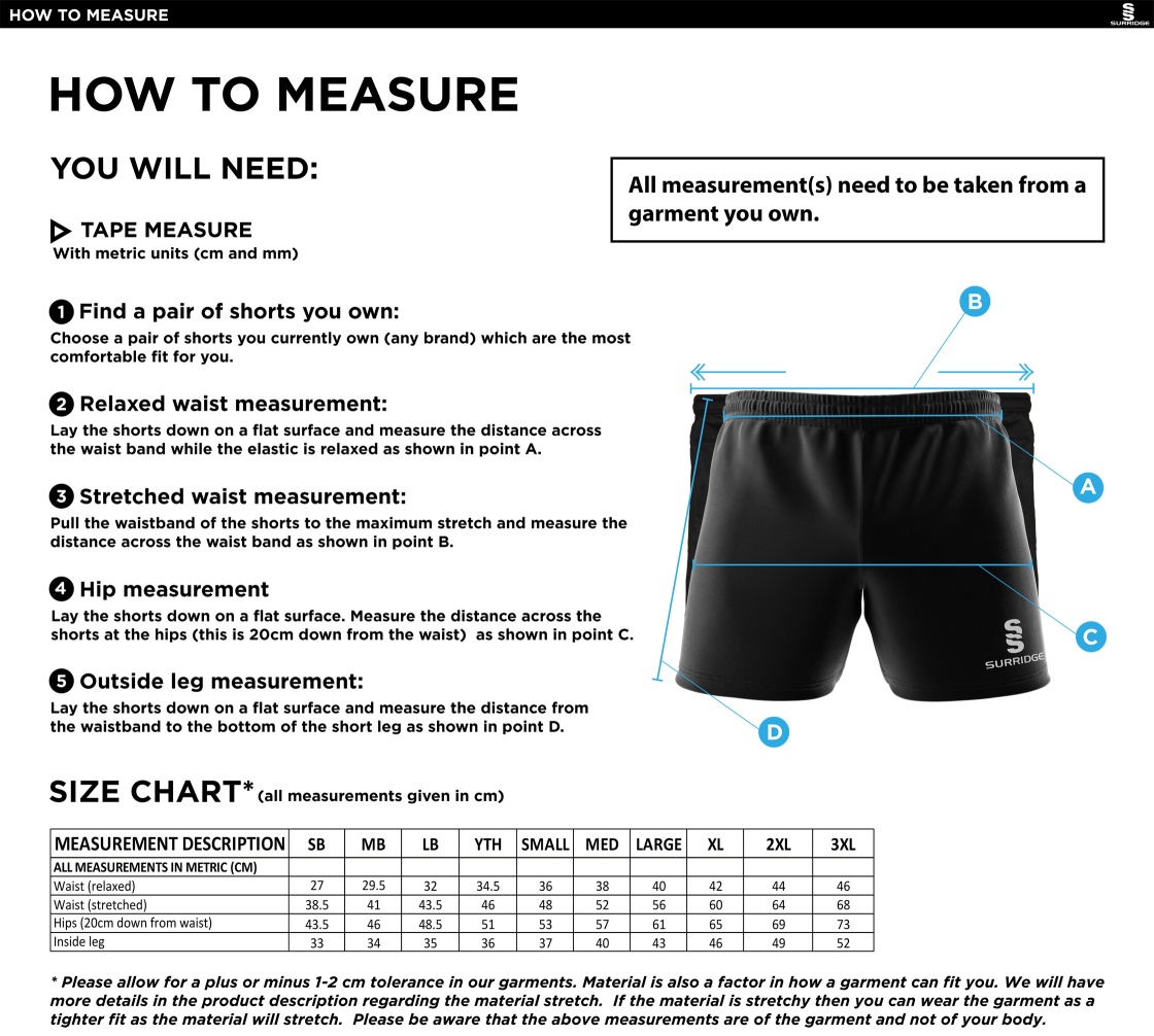 Upminster CC - Performance Gym Short - Unisex Fit - Size Guide