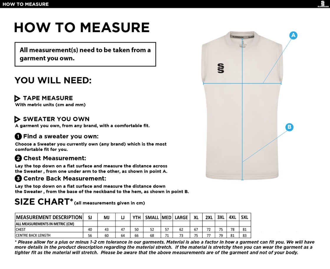 Upminster CC - T20 Sleeveless Sweater - Men's Fit - Size Guide
