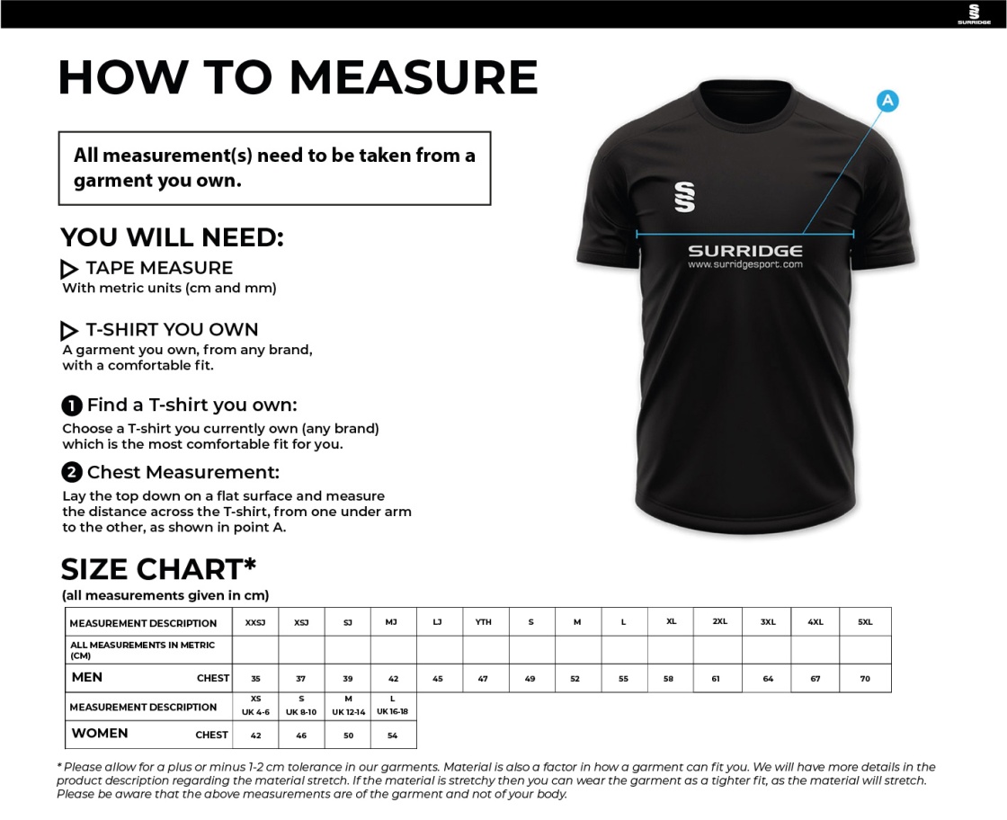 Upminster CC - T20 Short Sleeved Shirt - Mullis & Peake Monarchs - Women's Fit - Size Guide