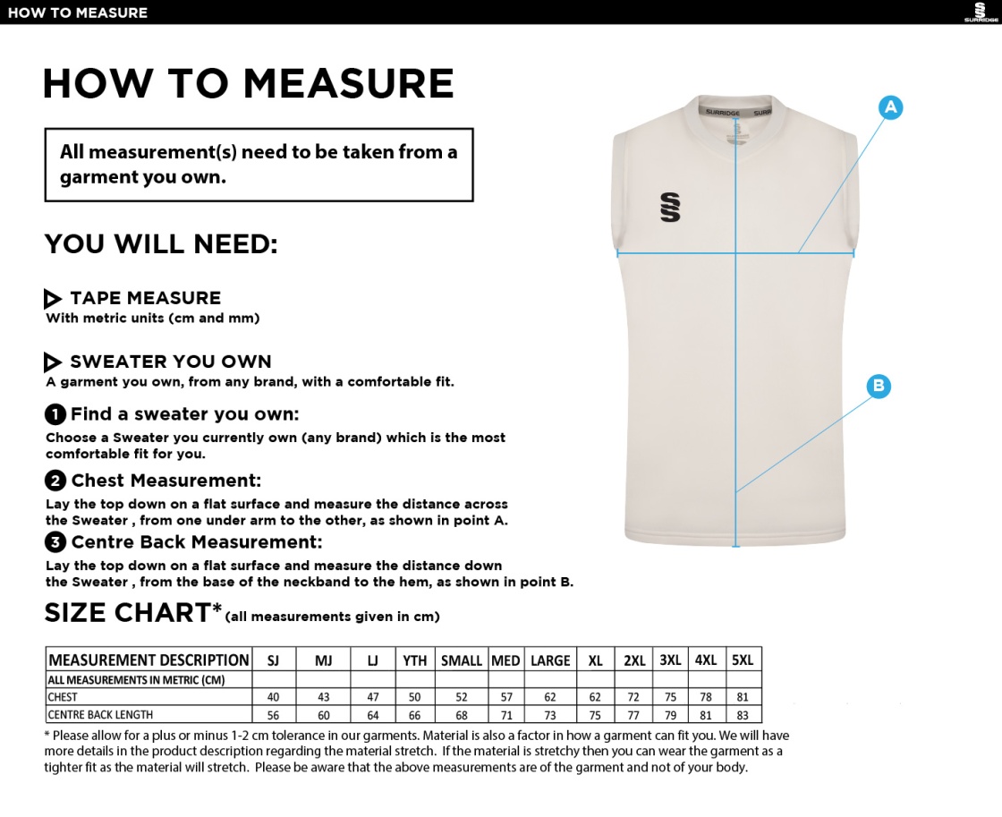 Upminster CC - White Sleeveless Sweater - Men's Fit - Size Guide