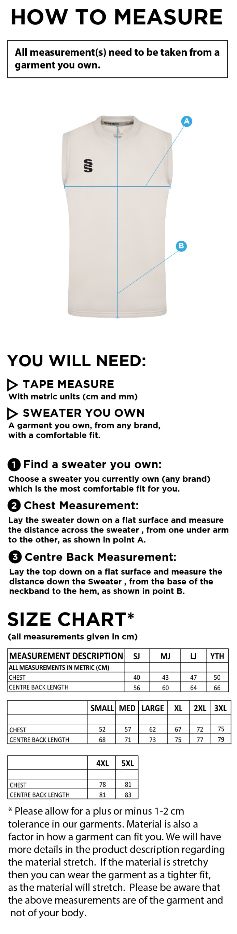 Upminster CC - White Sleeveless Sweater - Men's Fit - Size Guide