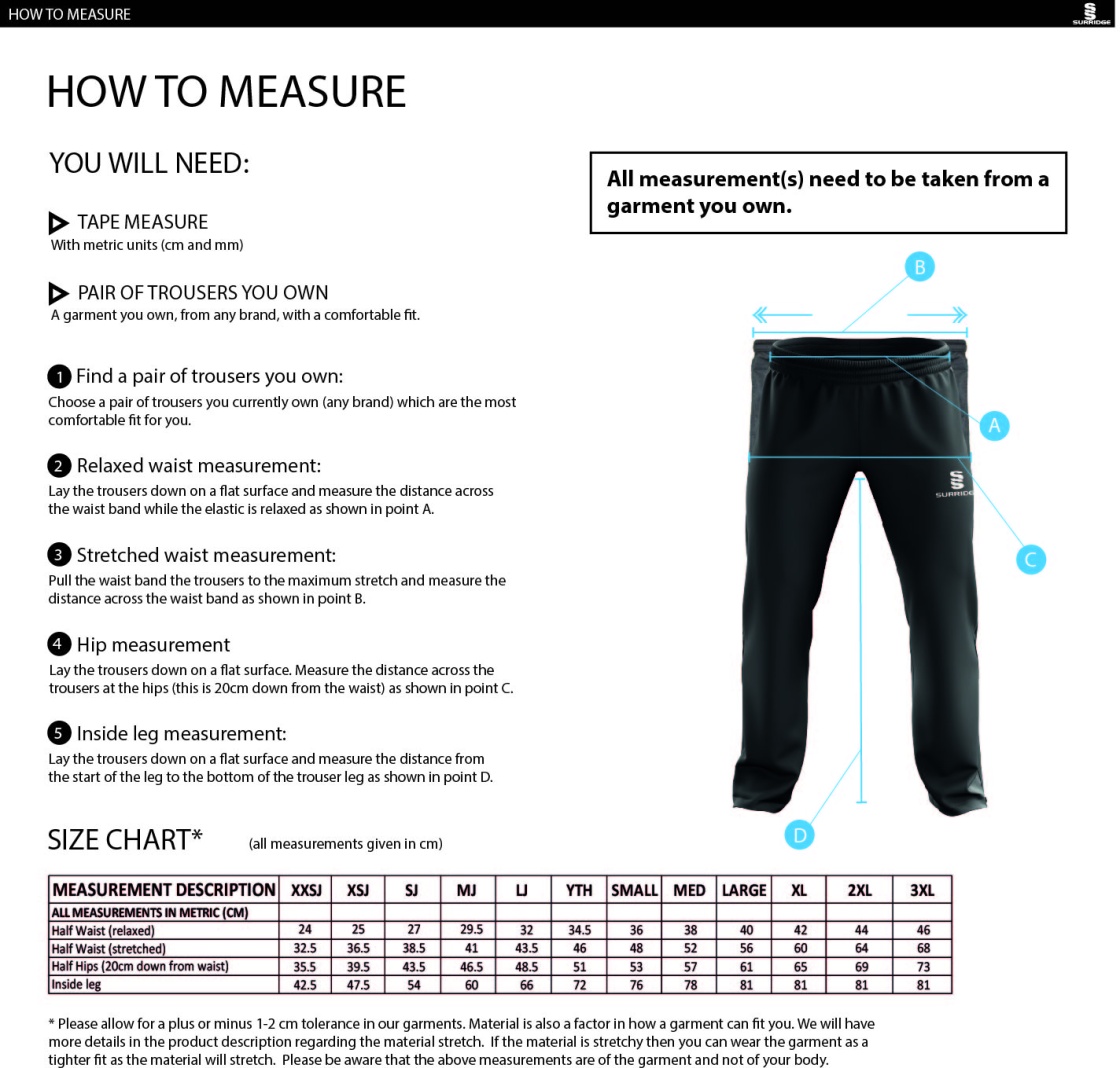 Upminster CC - Dual Poplin Track Pant - Men's/Unisex Fit - Size Guide