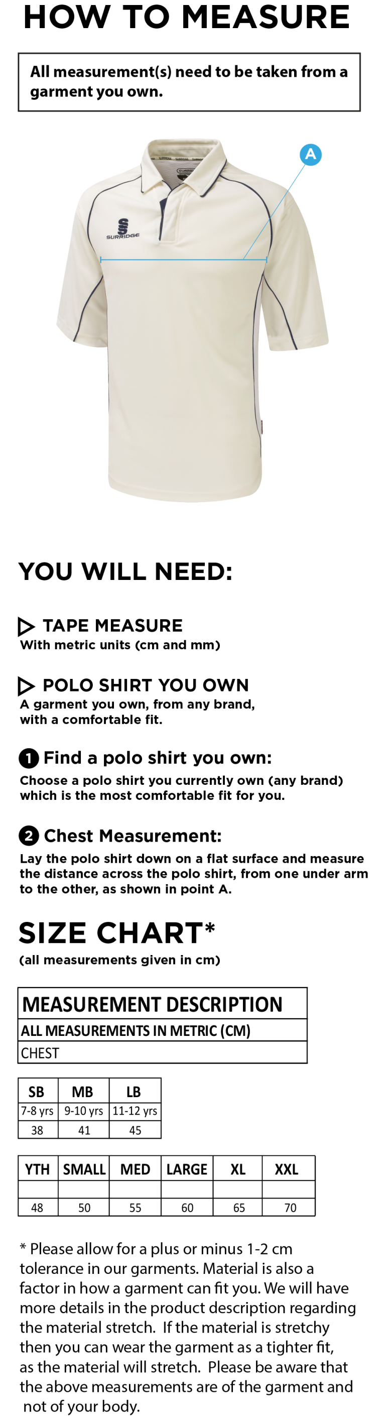 Upminster CC - Dual Premier Short Sleeve Shirt - Unisex Fit - Size Guide