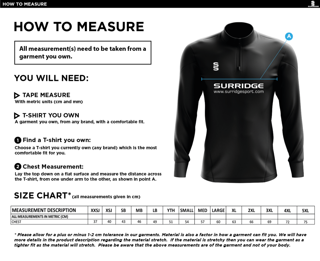 Upminster CC - 1/4 Zip Dual Performance Top - Navy - Unisex Fit - Size Guide