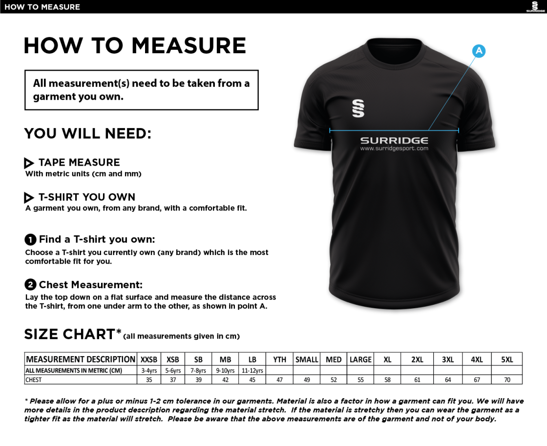 Upminster CC - T20 Short Sleeved Shirt - Men's Fit - Size Guide
