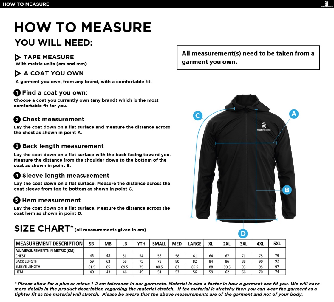 Upminster CC - Dual Full Zip Training Jacket - Navy - Women's/Unisex Fit - Size Guide