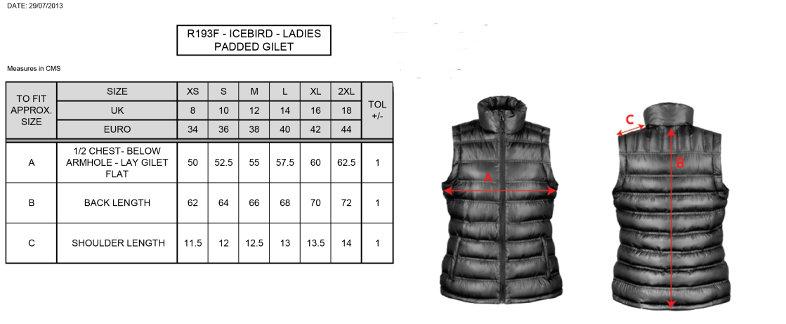 Upminster CC - Padded Gilet - Navy - Women's Fit - Size Guide