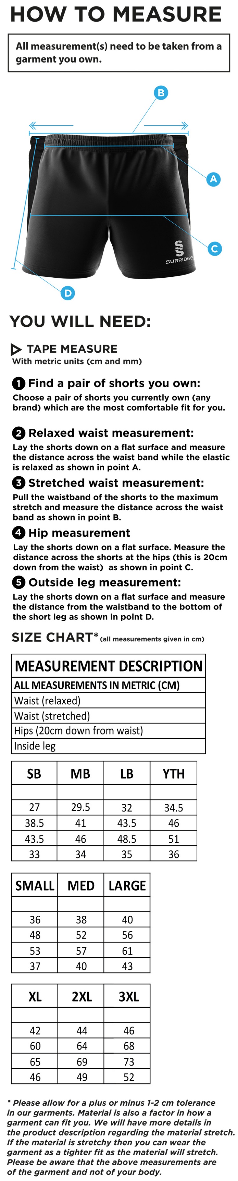 Upminster CC - Performance Gym Short - Unisex Fit - Size Guide
