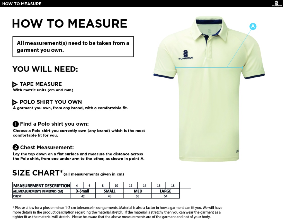 Upminster CC - Dual Cricket Shirt Short Sleeve - Womens Fit - Size Guide