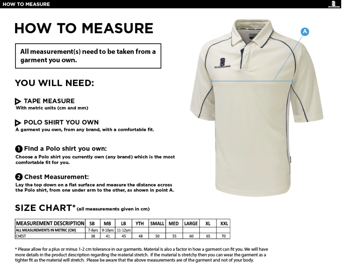Upminster CC - Dual Premier Short Sleeve Shirt - Unisex Fit - Size Guide