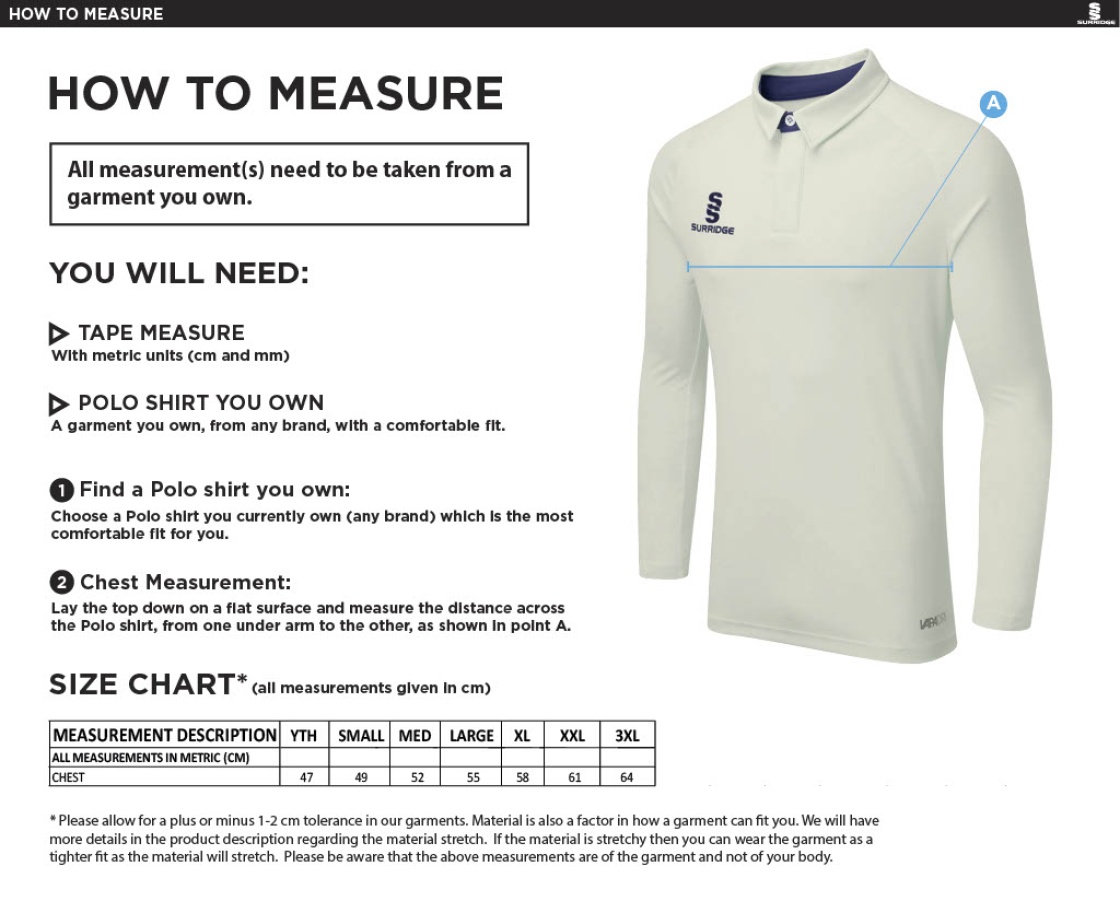 Upminster CC - Dual Cricket Shirt Long Sleeve - Unisex Fit - Size Guide