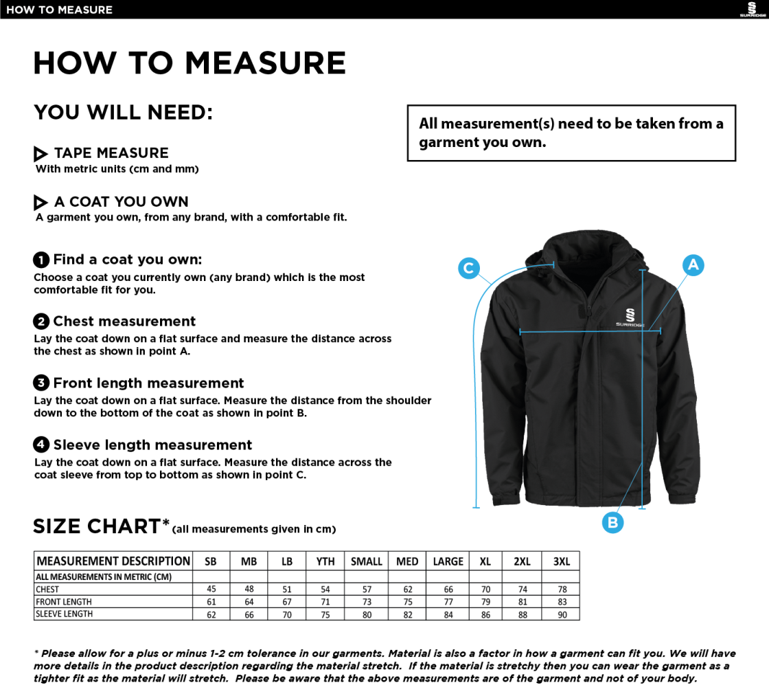 Upminster CC - Dual Fleece Lined Jacket - Men's/Unisex - Size Guide