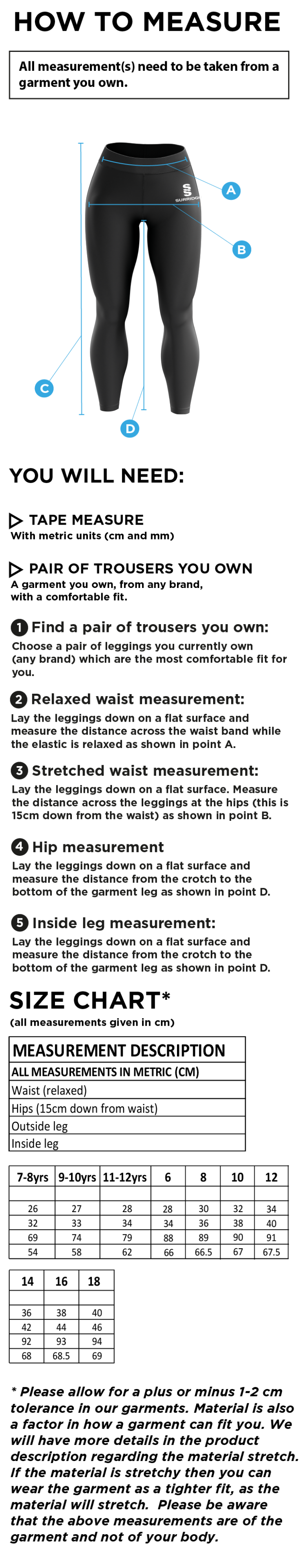 Upminster CC - Dual Leggings - Women's Fit - Size Guide
