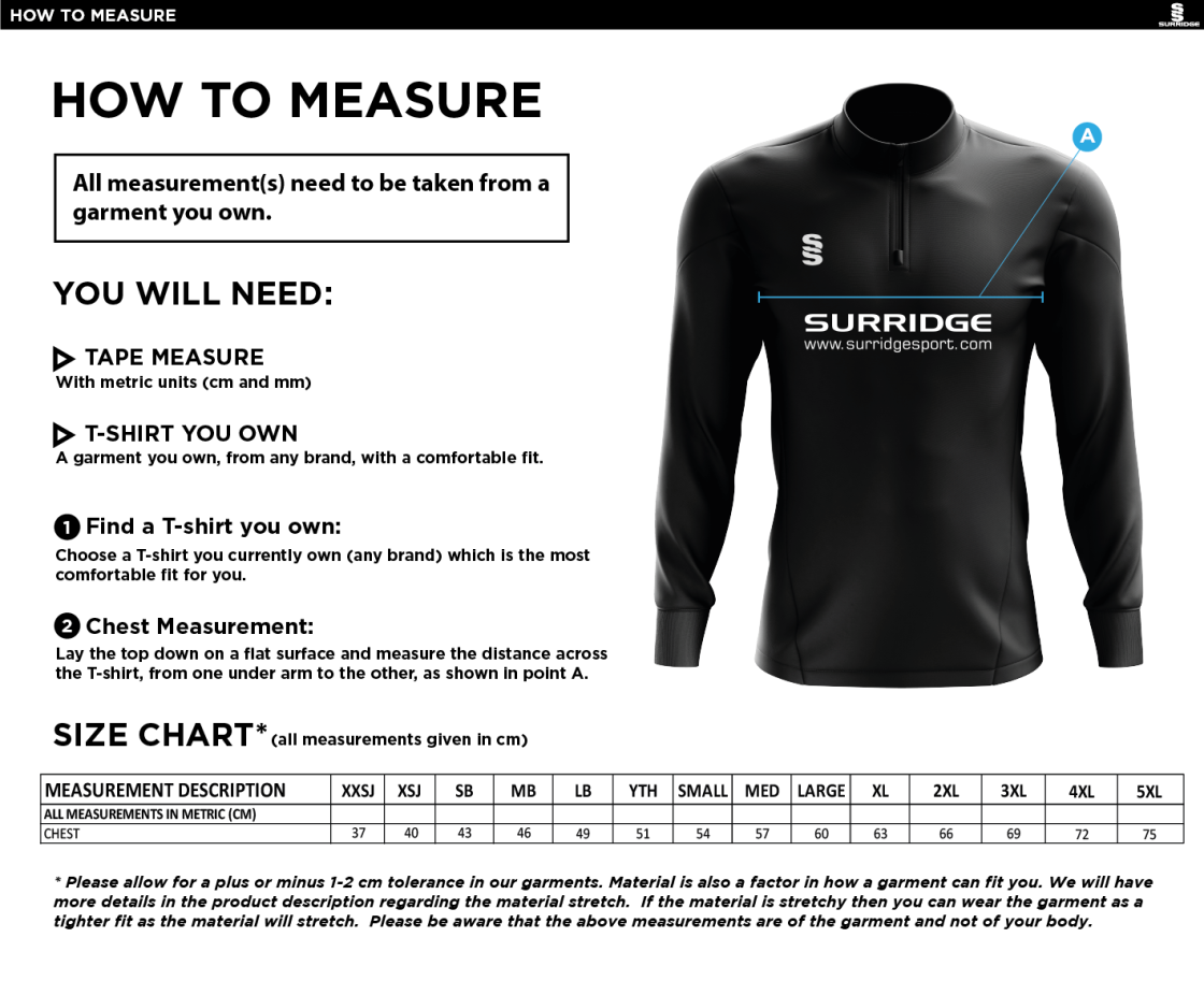 Upminster Cricket Club Royal Performance Top - Training Wear - Size Guide