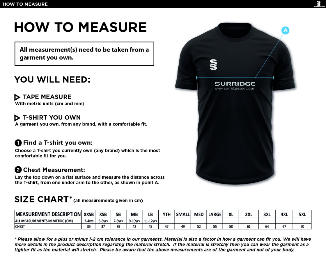 Upminster Cricket Club Royal T-Shirt - Training Wear - Size Guide