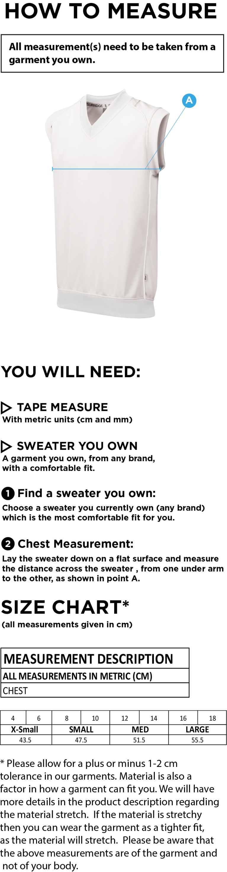 Upminster CC - Blast Sleeveless Cricket Sweater - Women's Fit - Size Guide