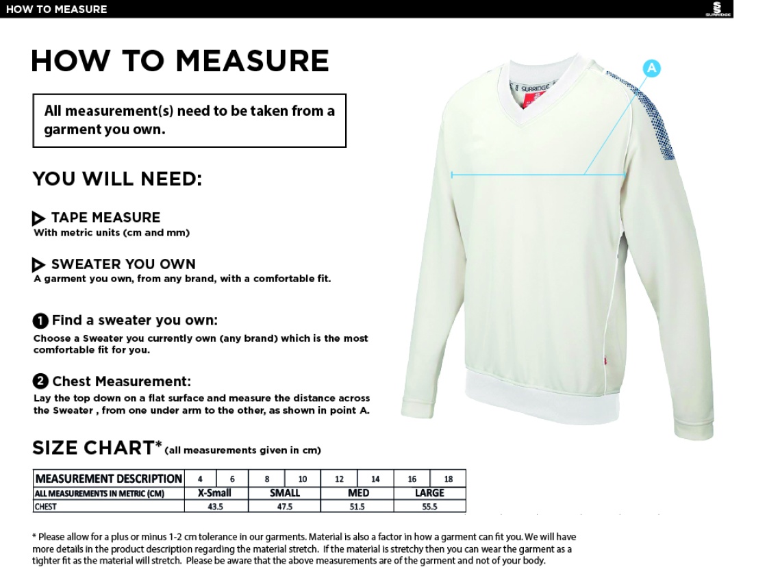 Upminster CC - Blast Long Sleeve Cricket Sweater - Women's Fit - Size Guide