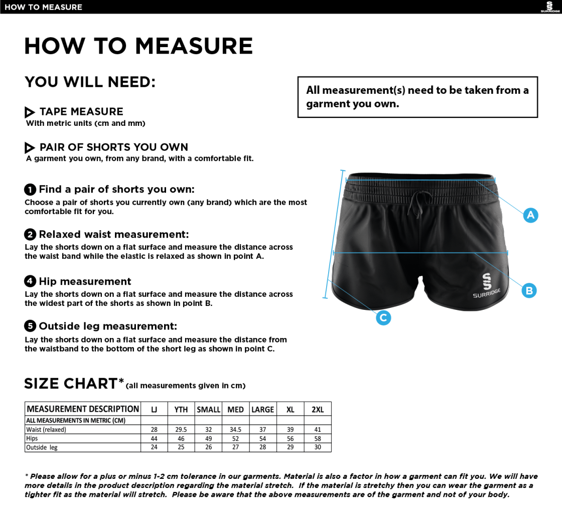 Upminster CC - Dual Shorts - Women's Fit - Size Guide