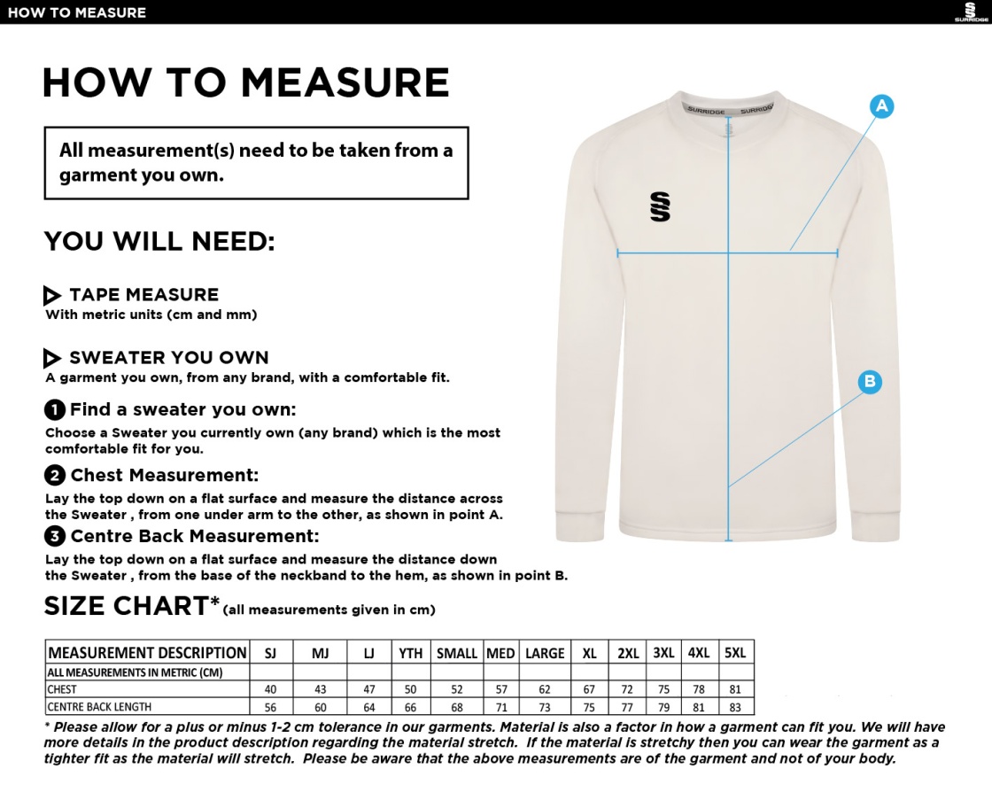 Upminster CC - T20 Long Sleeved Sweater - Men's Fit - Size Guide