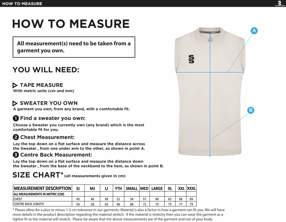 Upminster CC - Blast Sleeveless Cricket Sweater - Men's/Unisex Fit - Size Guide