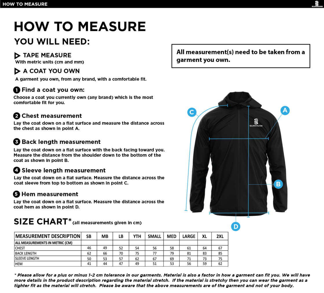 Upminster Cricket Club Navy Leightweight Jacket - Leisurewear - Size Guide