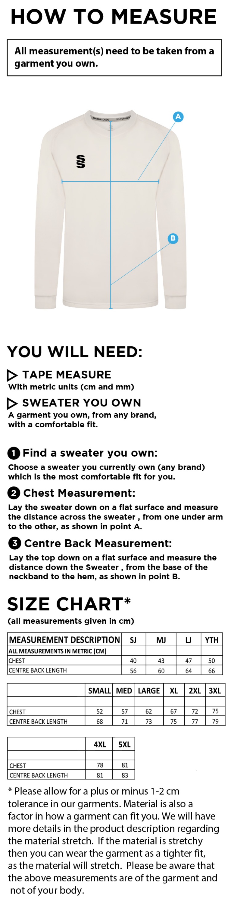 Upminster CC - White Long Sleeved Sweater - Men's Fit - Size Guide