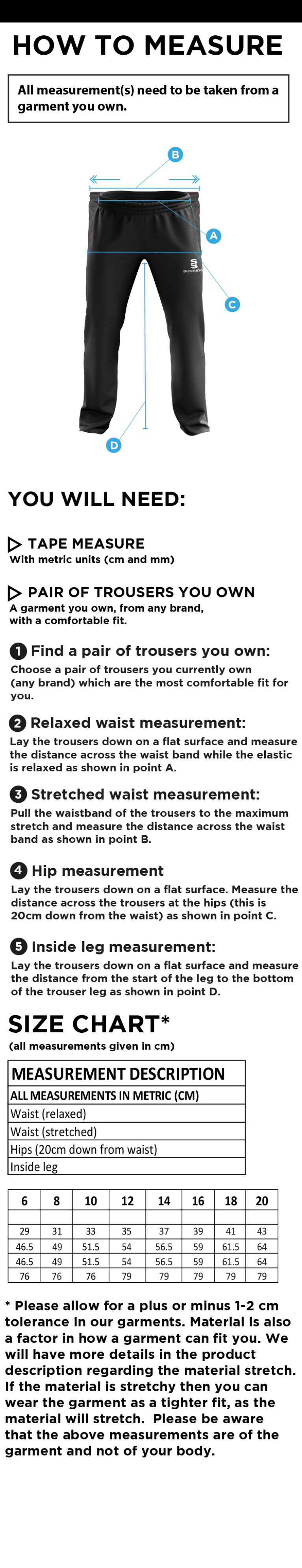 Upminster CC - Dual Poplin Track Pant - Women's Fit - Size Guide