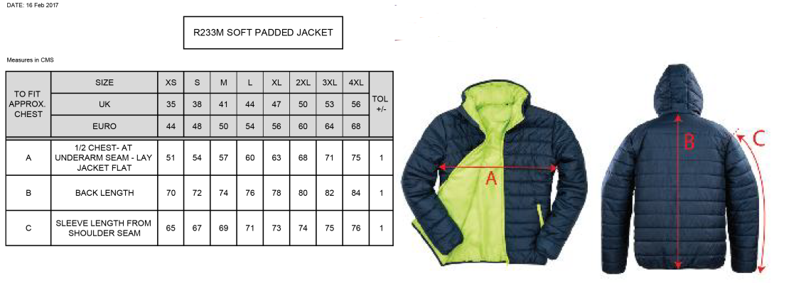 Upminster CC - Supersoft Padded Jacket - Navy - Unisex Fit - Size Guide