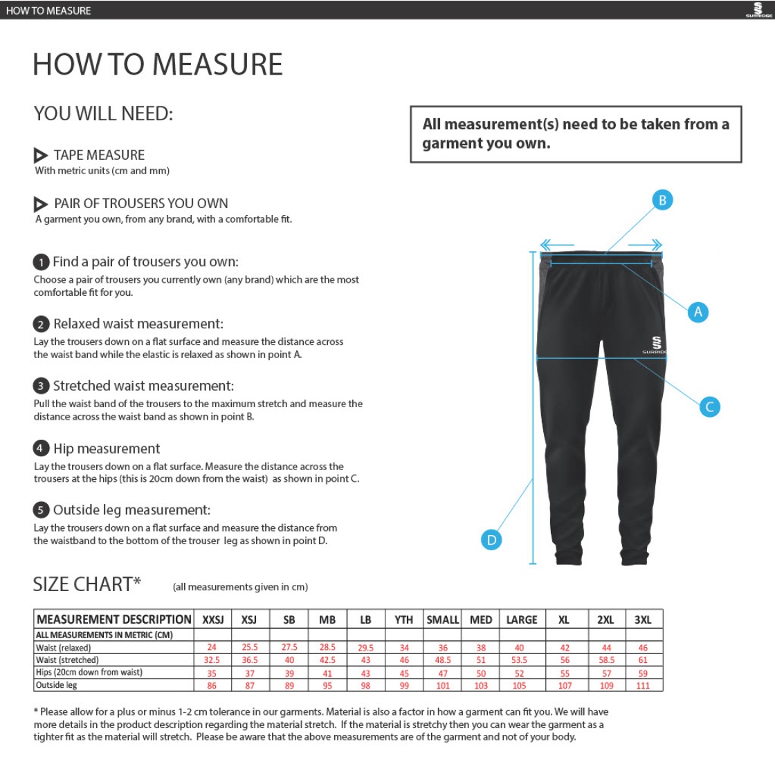 Upminster Cricket Club Navy Dual Tek Pants - Leisurewear - Size Guide