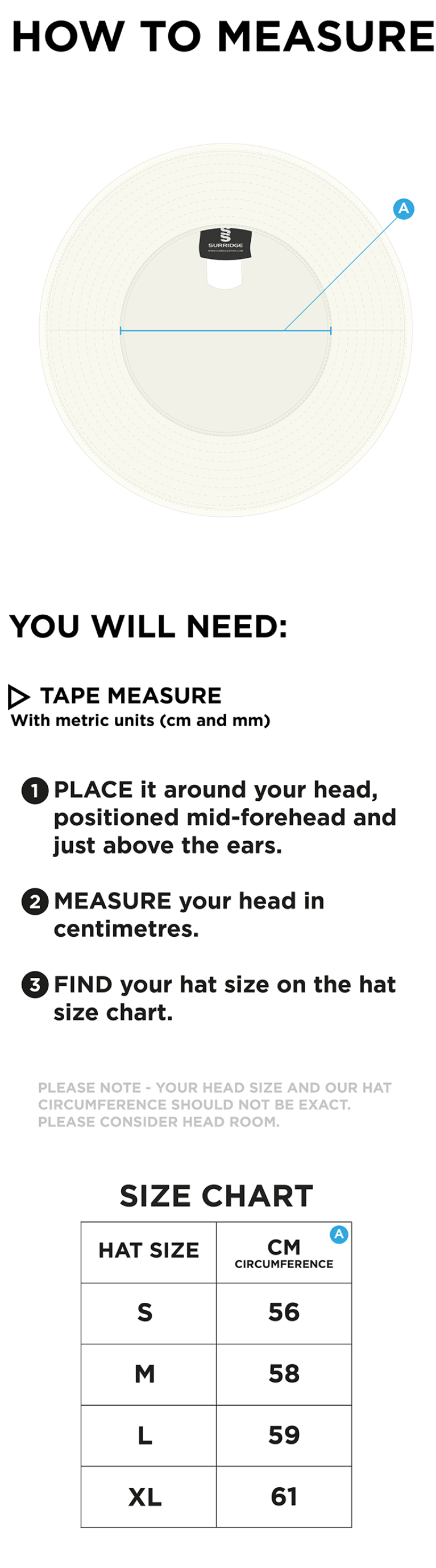 Upminster CC - Floppy Hat - Ivory - Size Guide